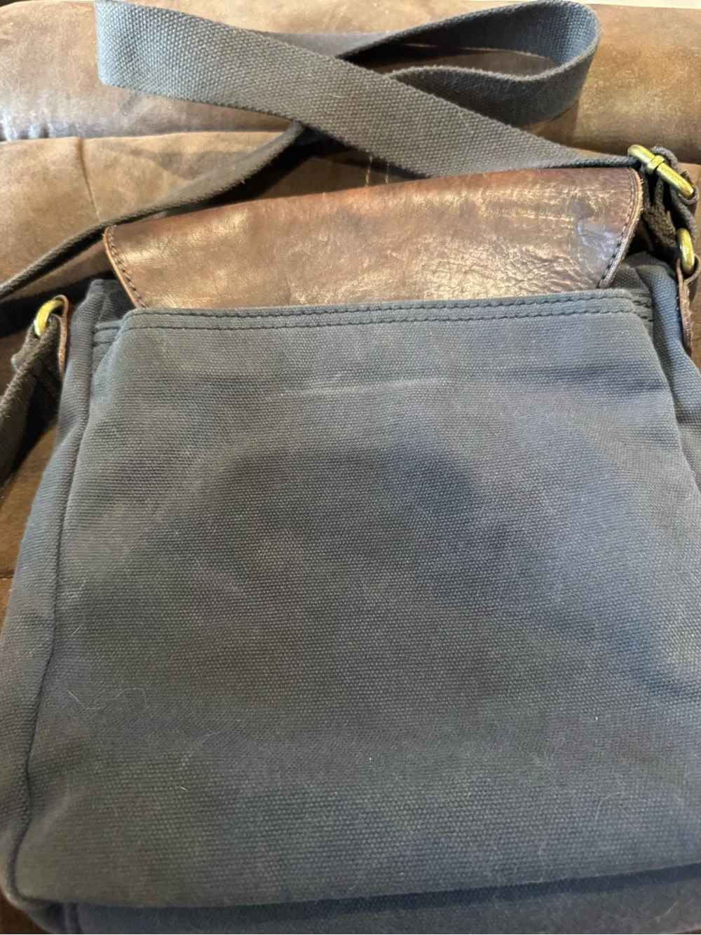 Unisex Brown Leather and blue canvas Messenger Bag - patricia nash